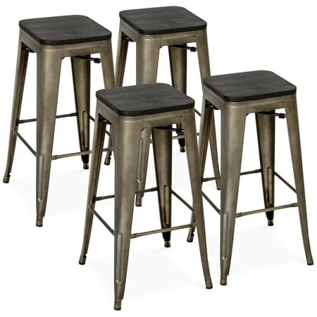 Stackable Bar Stool Best Choice Products Set of 4 30in Distressed Industrial Stackable Backless Steel Bar Stools w/ Wood Seats, Rubber Cap Feet, Bronze ()