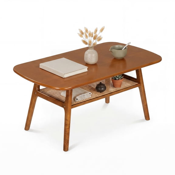 Gymax Boho Rattan Coffee Table 2-Tier Accent Table w/Rounded Corners Storage Shelf Walnut