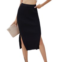 Jdlsppl Women's High Waist Pencil Skirt Side Splits SlitsMidi Straight Skirt Sexy Fitted Knit Holiday Elastic Sheath Skirt Black Small