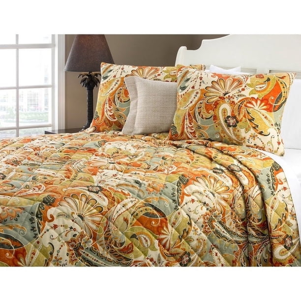 Naranja Verde Paisley Patrón Colcha King Set Elegante Motivo Multicolor Scroll
