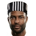 thumbnail image 4 of Black and White African Hand Woven Kente Kufi Hat with Faux Leather, 4 of 6