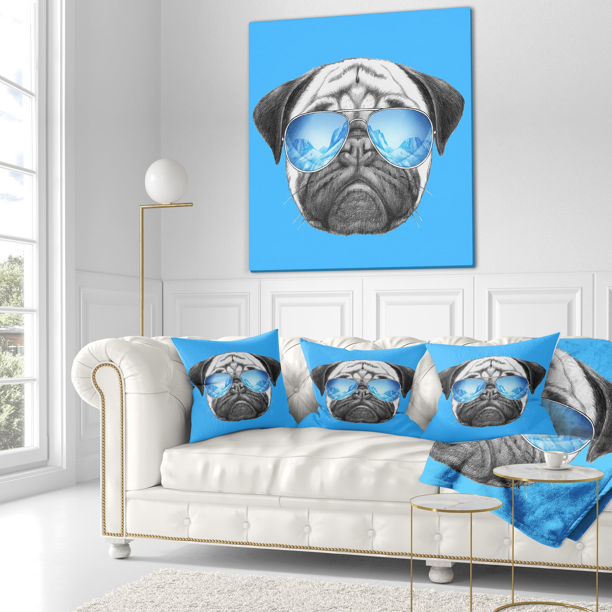 Designart Pug Dog with Mirror Sunglasses - Animal Throw Pillow - 18x18