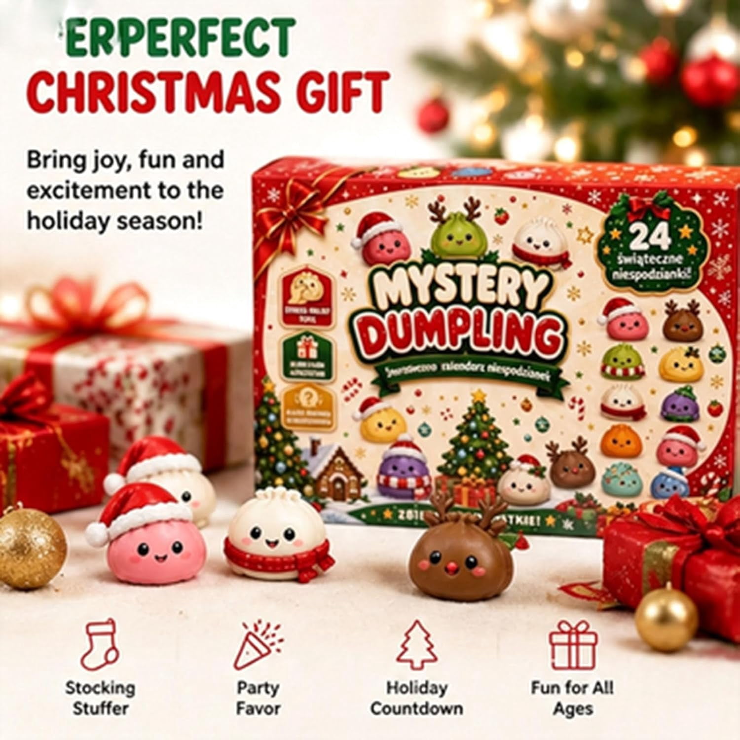 Kawaii Mystery Dumpling Squishy Advent Calendar 24 Days, Squeeze Sensory Fidget Toys Christmas Countdown Box, Festive Holiday Party Favors & Stocking Stuffers for Holiday