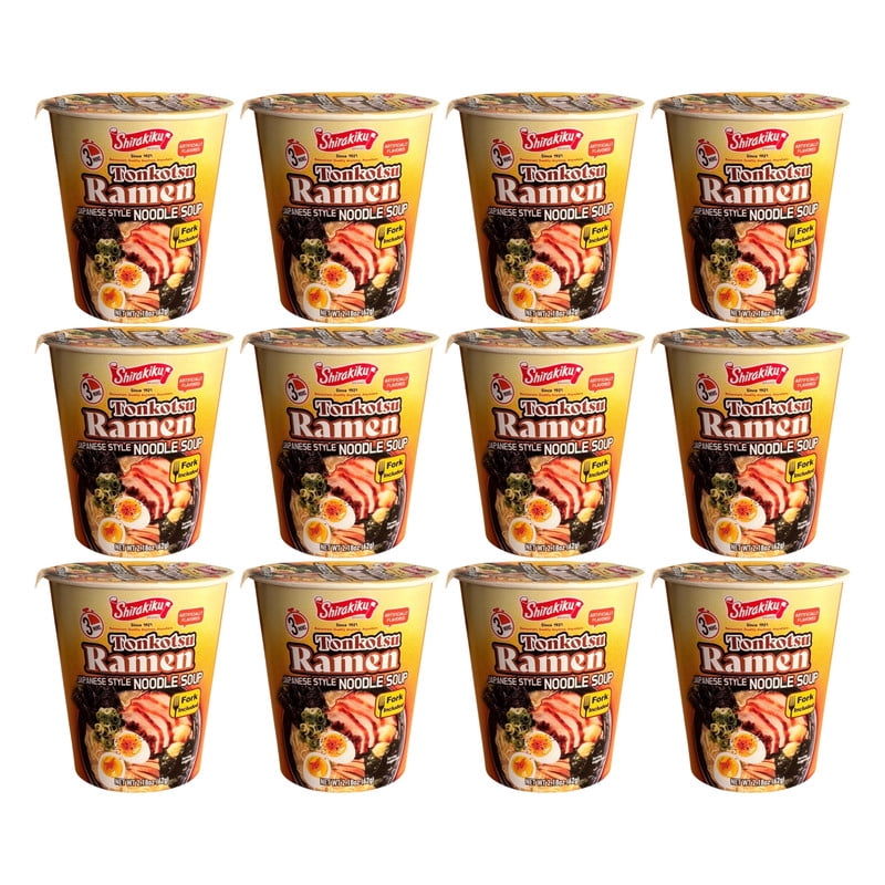 SHIRAKIKU Tonkotsu Ramen Japanese Instant Noodle With Fork, 2.18 oz, 12 pack