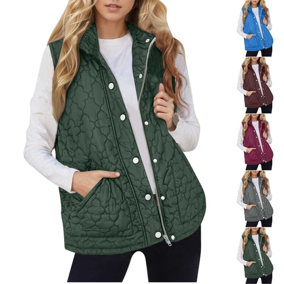 Women's Packable Coat Quilted Vest Jacket Stand Collar Zip Up Snap Button Sleeveless Puffer Gilet Casual Lightweight Warm Windproof Layering Waistcoat with Pockets
