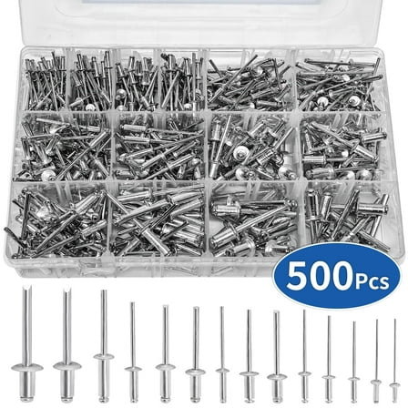 Pop Rivets Assortment Kit 14 SAE Sizes Aluminum Rivets (3/32" 1/8" 5/32" 3/16" 1/4") Assorted Blind Rivets with Reinfored Divider & Labeled Case 500 pcs