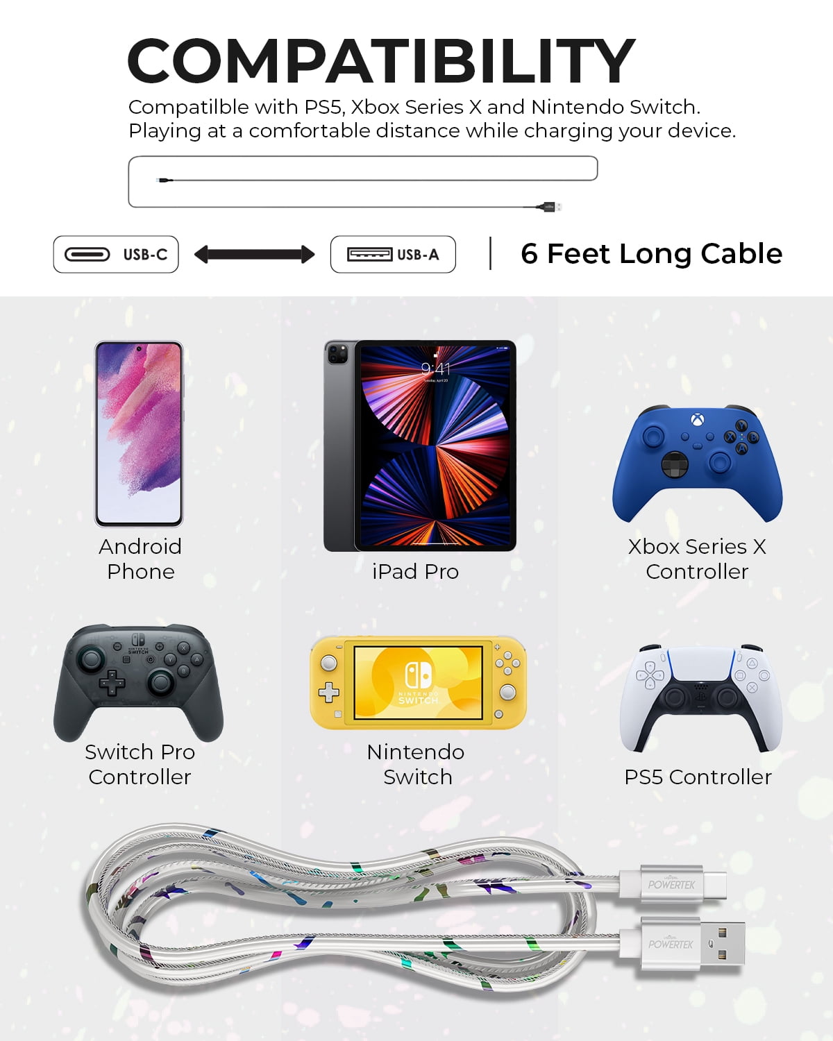 Liquipel Powertek Type-C Fast Charger Cable, 6ft USB-C for Galaxy, Note, Tab, MacBook, Neon Party