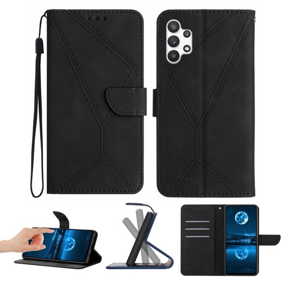 Wallet Case For Samsung A32 4G, RFID Blocking Magnetic Flip Case with Card Slots Holder Kickstand Wrist Strap, PU Leather Folio Shockproof Protective Cover For Samsung Galaxy A32 4G, Black