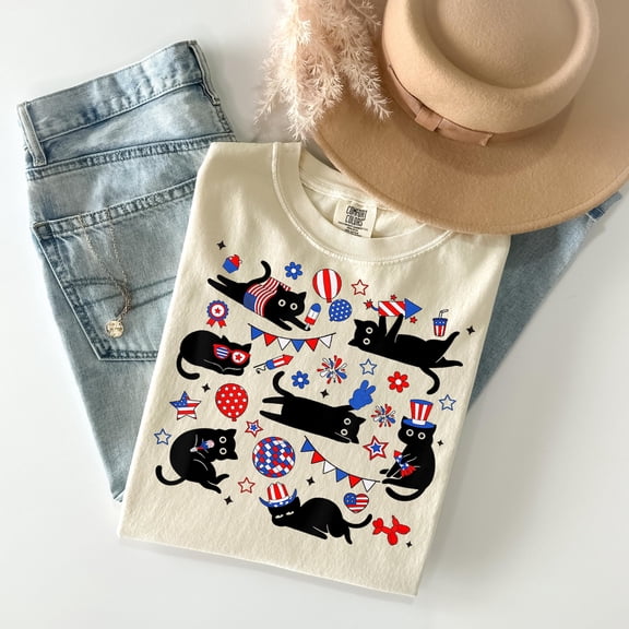 4th of July Cat Shirt, Cat Lovers Tee, USA Patriotic Tee, Black Cat Apparel, Independence Day Outfit, Unisex Cotton T-Shirt, Size S-3XL
