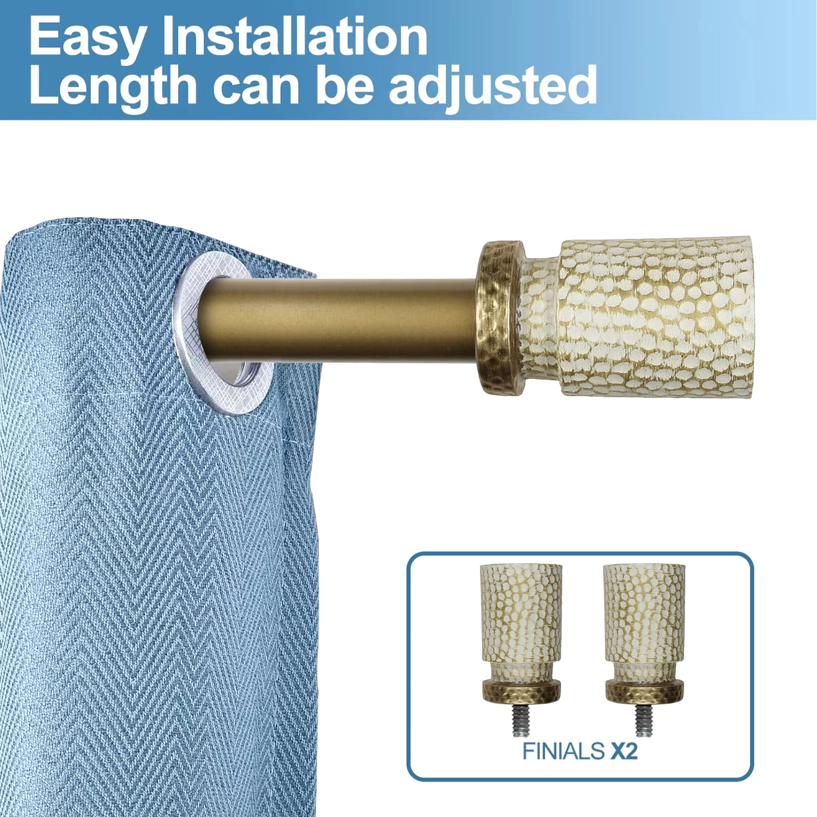Urbanest 1" Hammered Adjustable Curtain Rod with Designer Finials — Heavy-Duty Metal Telescoping Rod, Easy Install, 84"–120″, Gilded French White