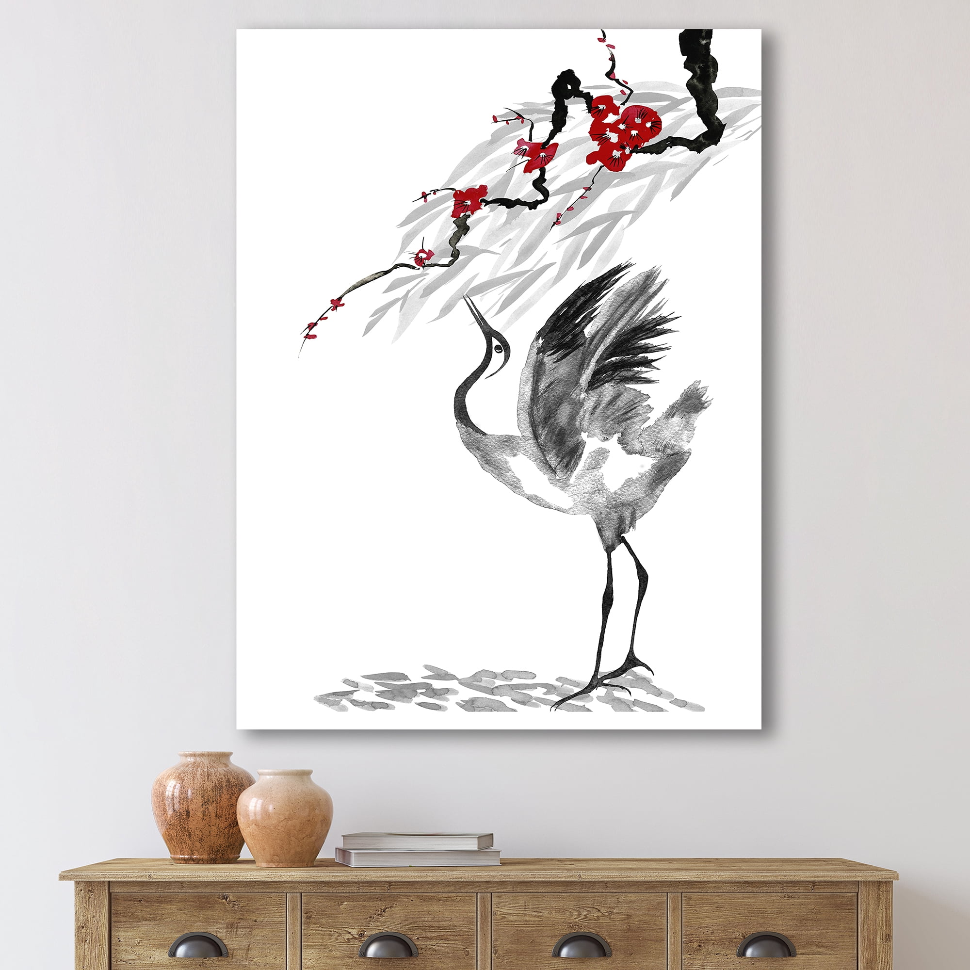 Designart ' Red Flowers With Japanese Cranes Bird Drawing ' Traditional Canvas Wall Art Print