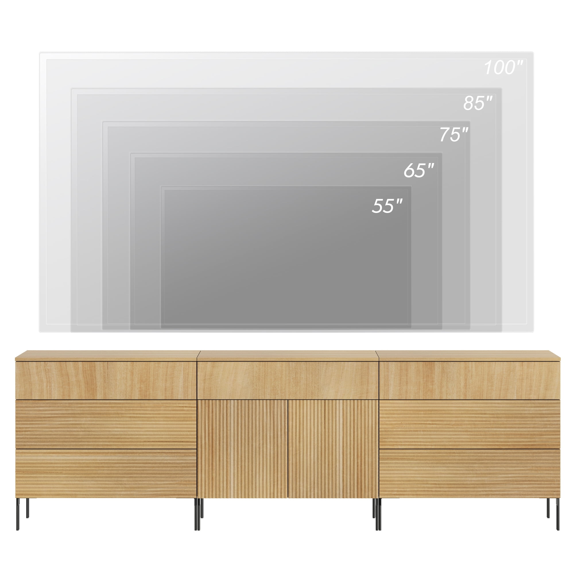 94.5" Modern Reeded Minimalist Sideboard with Drawers and Doors, 3-In-1 Wooden Credenza Storage Cabinet for Kitchen, Dining Room