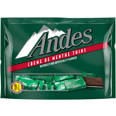 Andes, Crème de Menthe, Mint Chocolate Candy, 8.5 oz. Gluten Free & Peanut Free.  Contains Milk.