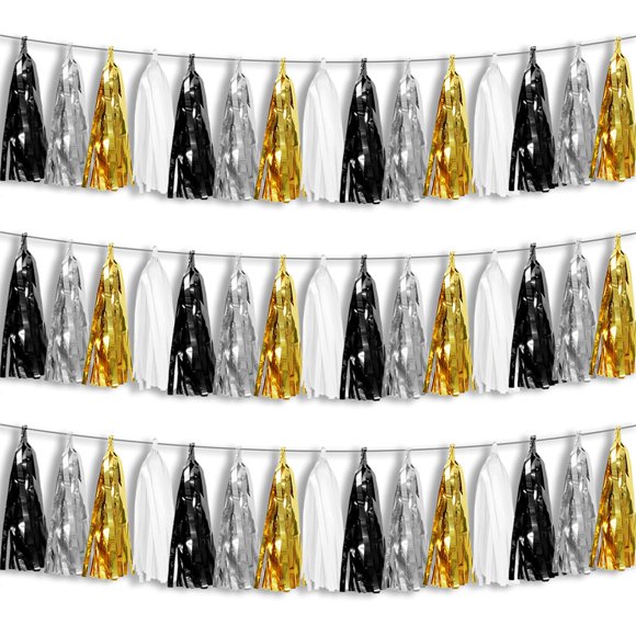 Fleco con forma de guirnalda con borlas Hysilla, 45 unidades, color negro, dorado y plateado
