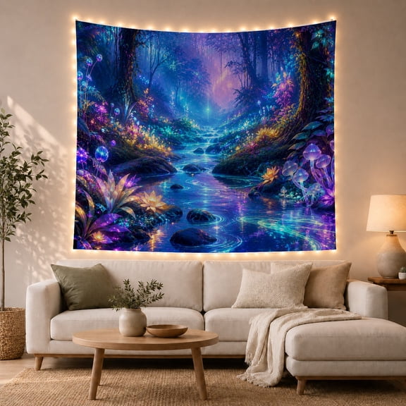 Glowing River in Enchanted Forest Mystical Fantasy for Nature Lovers Fantasy Art Decor Housewarming Gift Tapestry Wall Hanging for Bedroom and Living Room