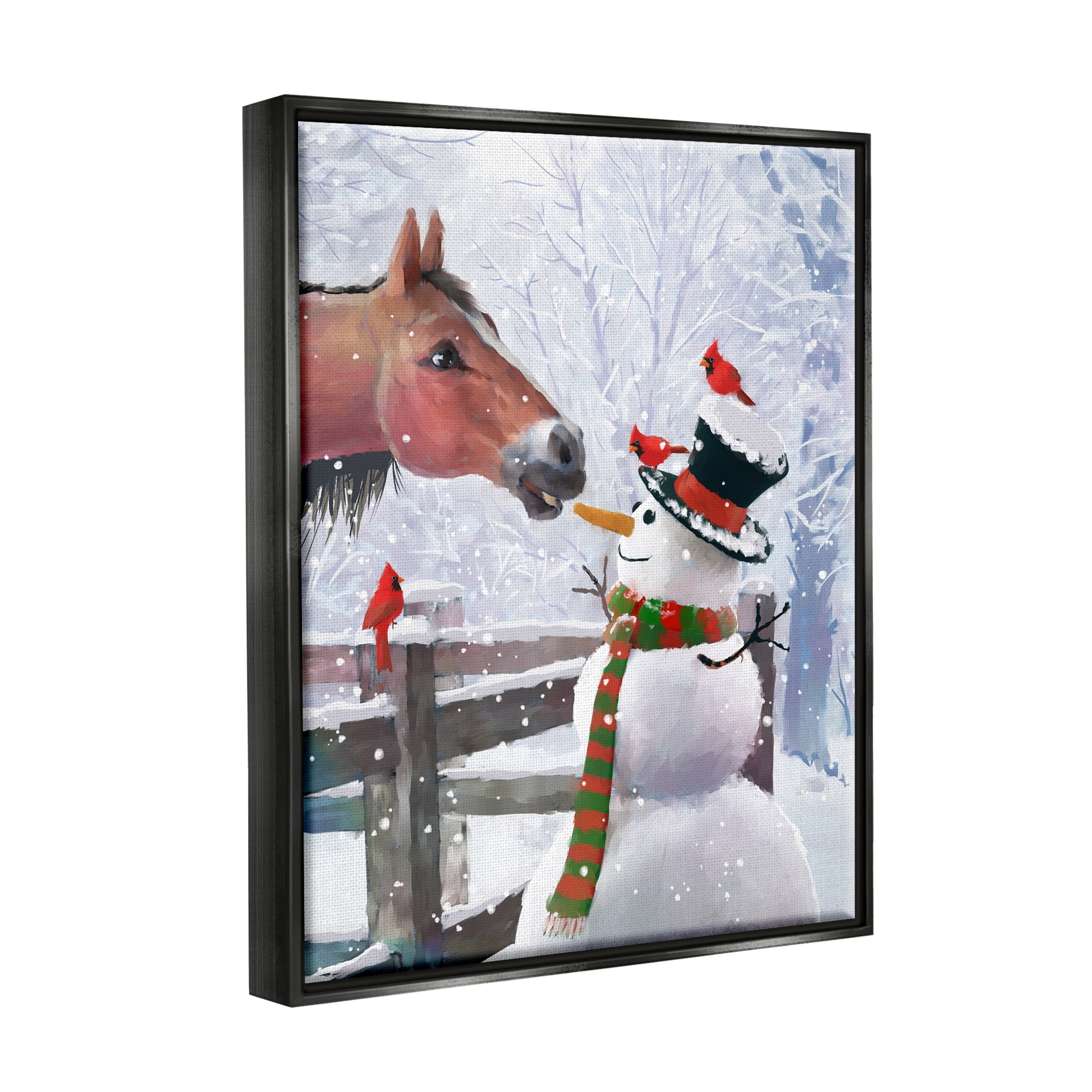Stupell Industries Horse Eating Snowman Carrot Scene Holiday Painting Black Floater Framed Art Print Wall Art