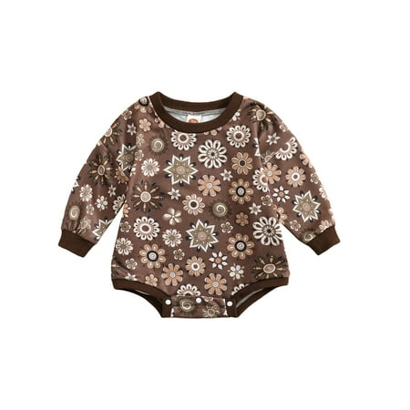

One opening Baby Girls Romper Long Sleeve Crew Neck Flower Print Autumn Bodysuit for Casual Daily