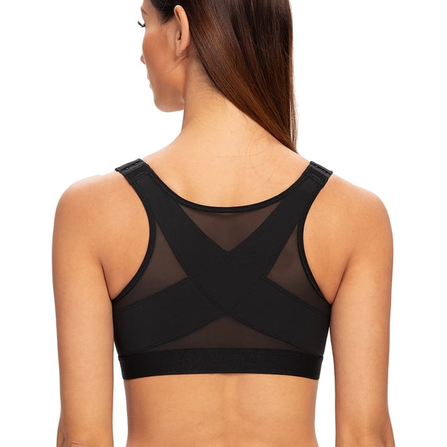 MELENECA Female Front Closure Wirefree Posture Bra for Women Black 34D