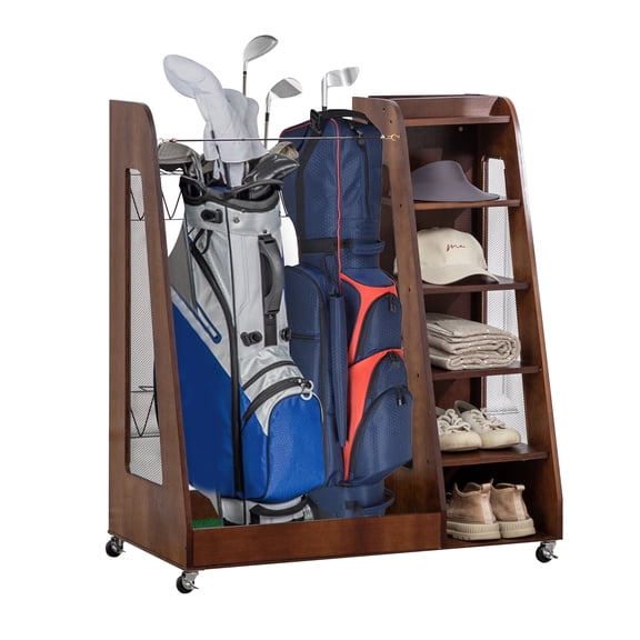 ZIVACATE Wooden Golf Bag Organizer and Storage Rack, 2 Golf Bag Storage Rack with Wheels, for Garage, Suitable for Garage Home Golf Club, Brown