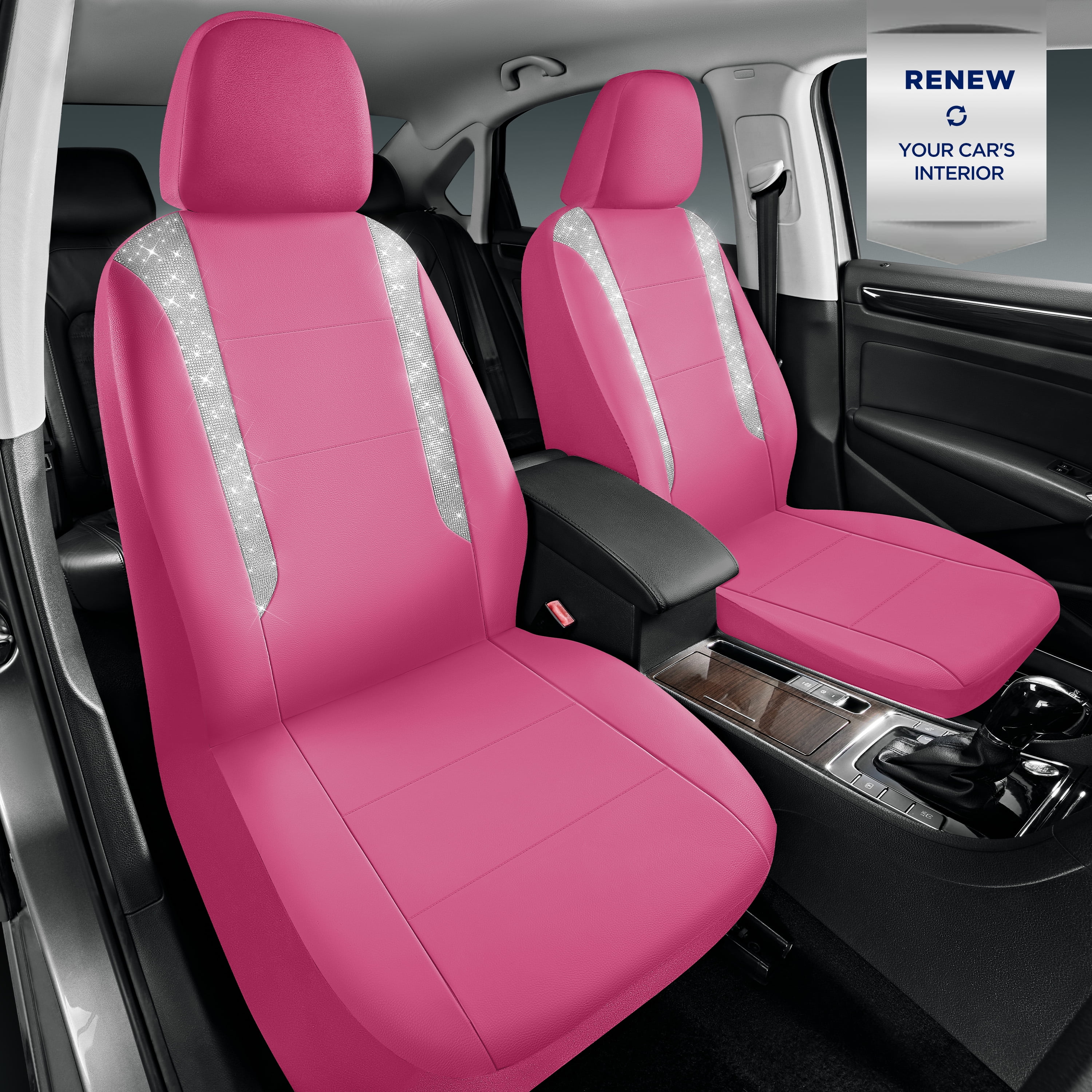 PIC AUTO Car Seat Cover - Sparkly Glitter and Hot Pink Leather, Waterproof Front Seat Covers for Girls & Women, Airbag Compatible, Universal Fit