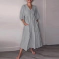 thumbnail image 2 of asddcavvf Robes pour Femmes Printemps et Automne et Lin Col en V Profond Plissé Couleur Unie, 2 of 9