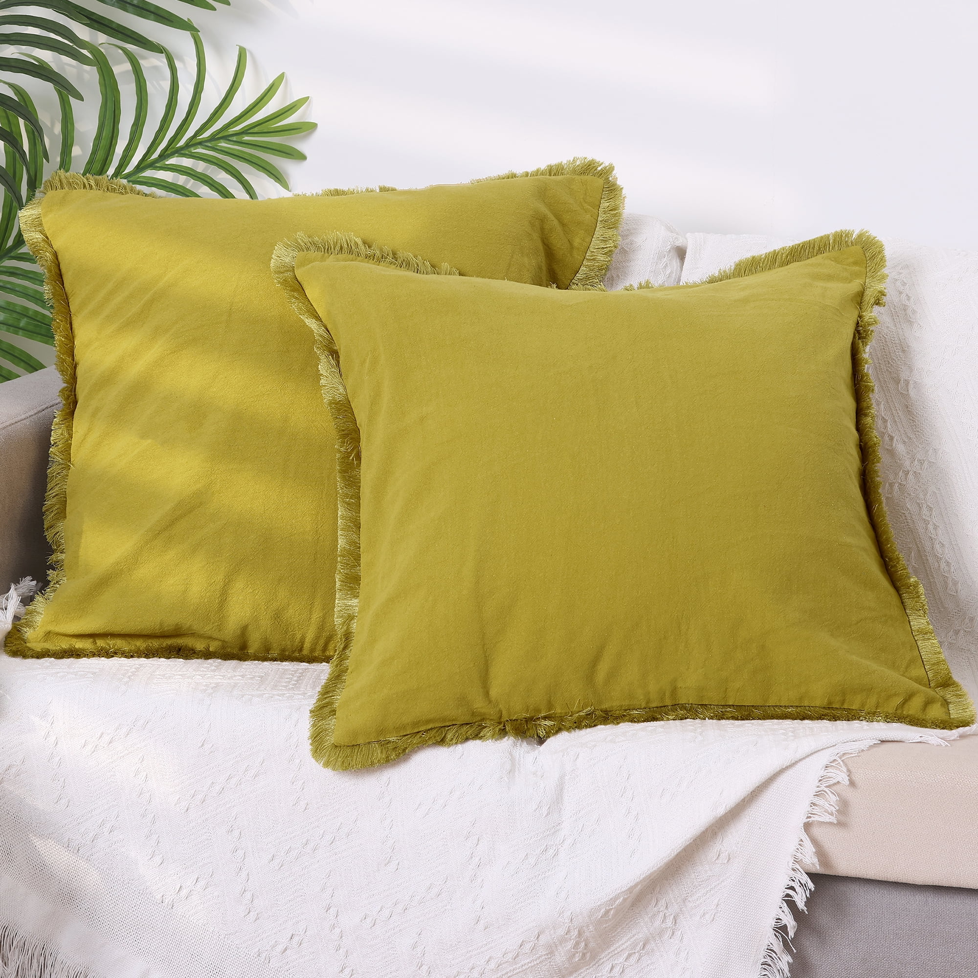 Unique Bargains 4 Pcs Cotton Throw Pillow Cover with Tassel Trim for Home Decor Yellow 18" x 18"