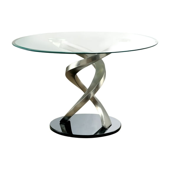 Furniture of America Jacreme Glass Top Round Dining Table, Silver