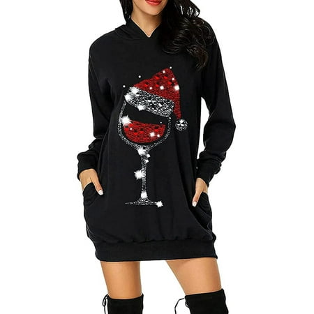 

Women Pajamas Christmas Printed Hoodie Mid-length Fall Pocket Long Sleeve Hooded Sweatshirt