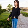 thumbnail image 3 of Women's Long Sleeve V-Neck Top with Ruffled Shoulder Detail - Medium, Black, 3 of 7