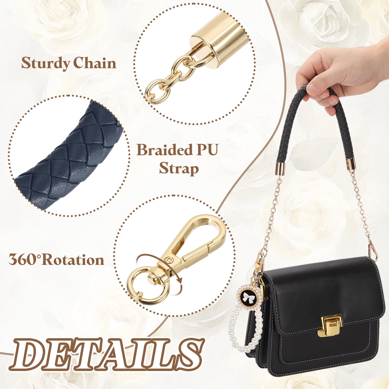 Uxcell 2 Pcs PU Leather Chain Purse Strap, 23.6 Inch Braided Purse Handles Replacement Strap with Pearl Pendant for Tote Bag Handbag Underarm Bag (Blue, Light Gold Chain)