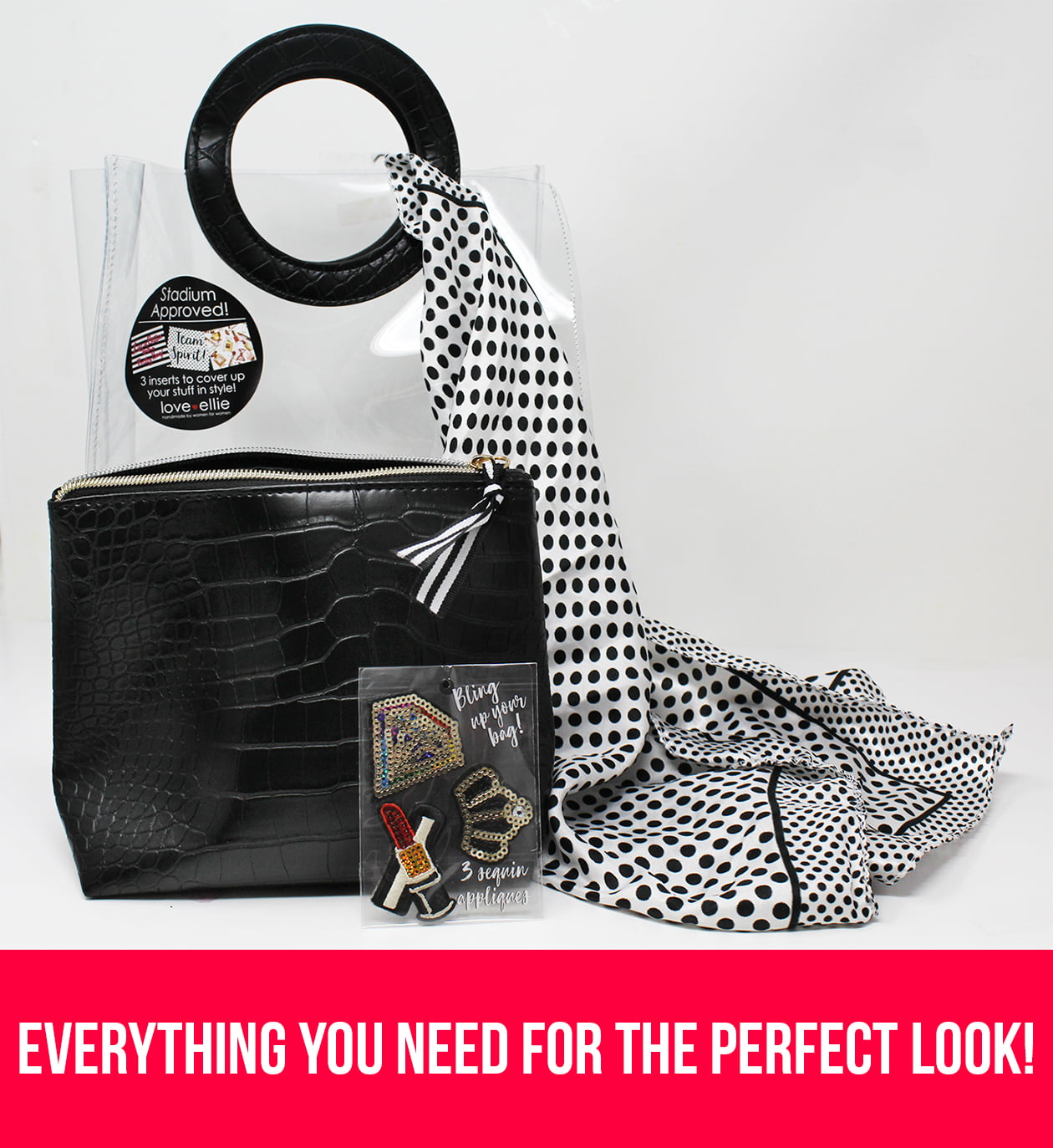 Clear Stadium Approved Tote Bag, Hallie, with Scarf and Decals, by Love  Ellie (Black) 