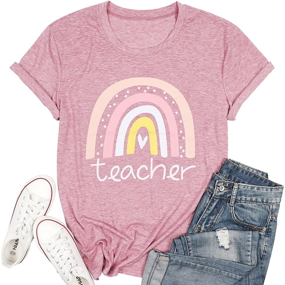 Teacher Shirts for Women Short Sleeve Crewneck Sweatshirts Cute Graphic Tees Elementary School Tshirts