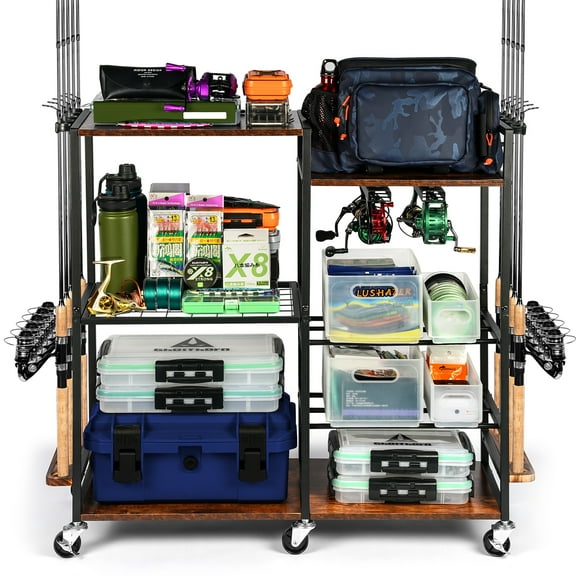 Ghosthorn Fishing Rod Holders for Garage Fishing Pole Rack Containers Included, up to 10 Rods Tackle Box Reel Storage Fishing Rod Rack Rotating Cart Fishing Gear Equipment Organizer Gift for Men Dad