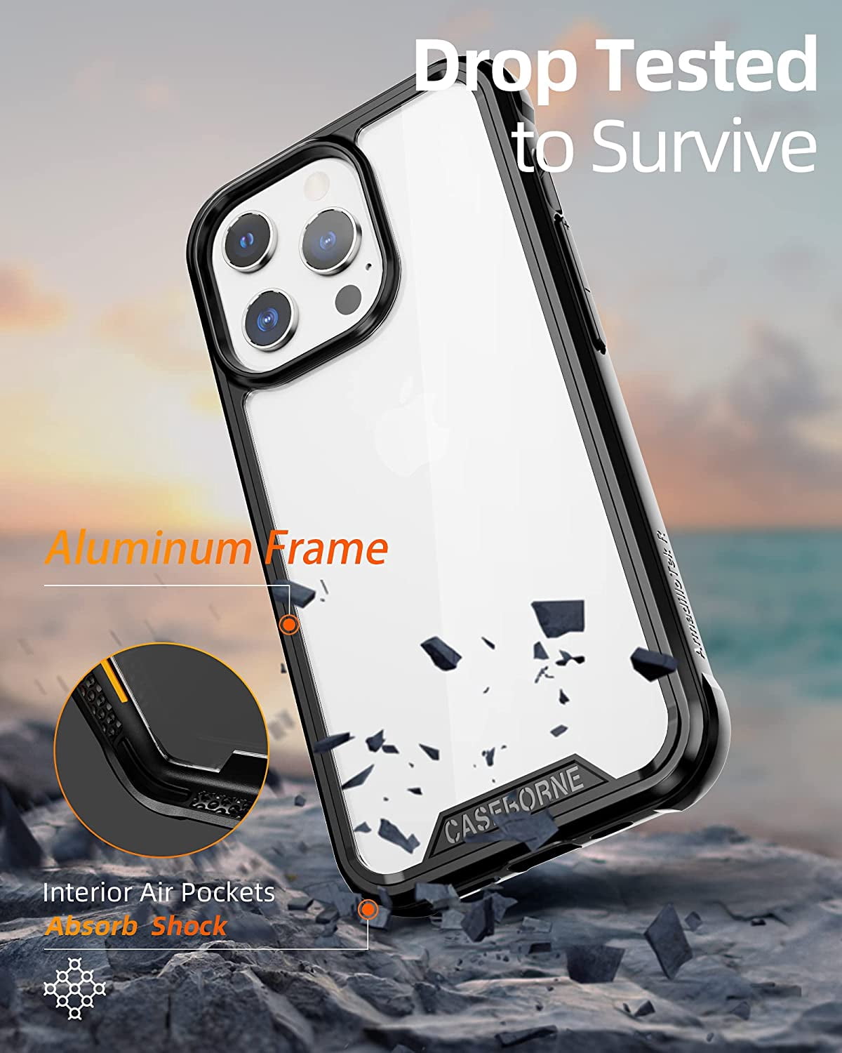 CaseBorne R Series Case for [iPhone 13 Pro Max] Aluminum Frame Clear Backplate - Black