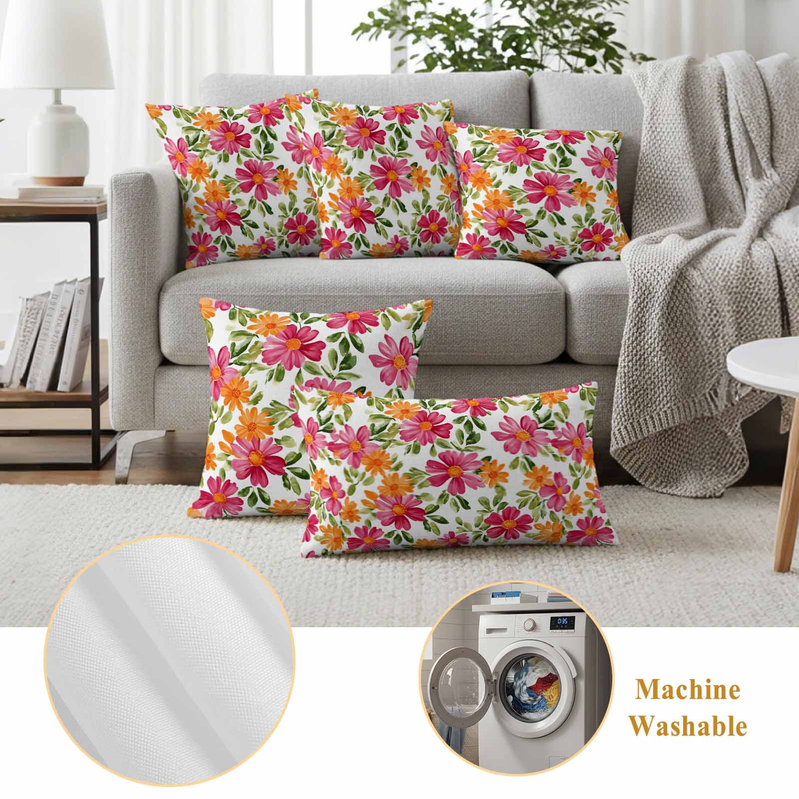 Pack of 2 Outdoor Pillow Covers 26x26 Inch Waterproof Pink Orange Floral Throw Pillow Covers,Decorative Couch Pillow Shams Protectors Spring Blossom Botanical Flowers Patio Pillowcases Cushion Covers