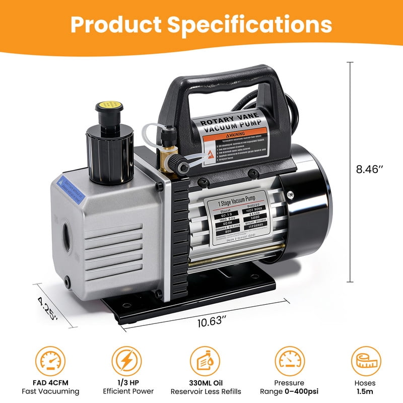 Gianna 110V 1/3 HP 4CFM Single Stage Vacuum Pump Kit with R134a Manifold Gauge Set, Leak Detector, 1/4" Hoses & Carry Bag for HVAC AC Refrigeration, ETL Listed (Black)