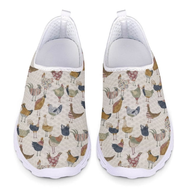 Zapatos casuales con estampado de gallo y animales de granja para mujer, zapatillas planas sin cordones, cómodas y transpirables, de malla, para verano