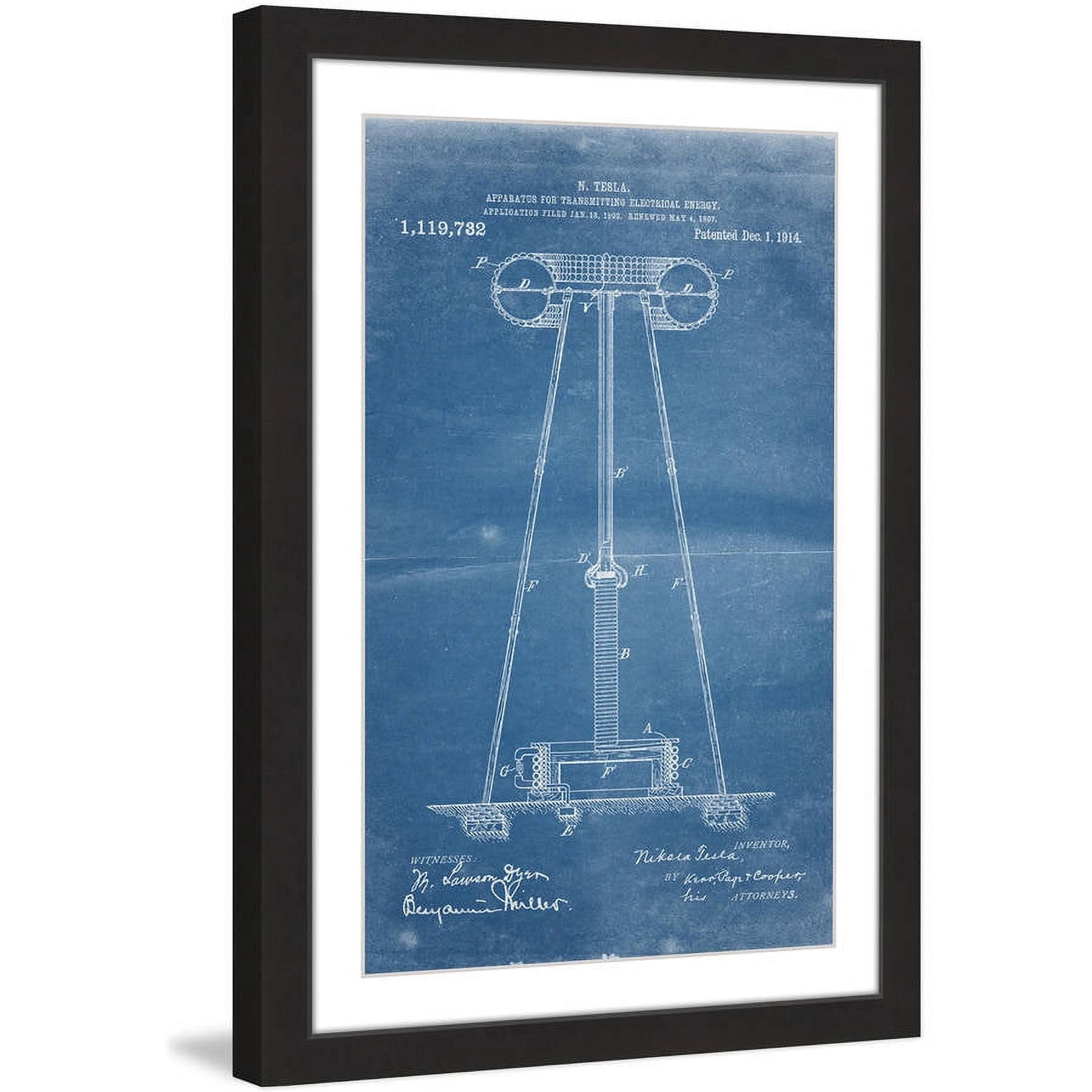 "Tesla Coil 1914 Blueprint" Framed Painting Art Print, 12" x 1.5"