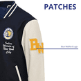 thumbnail image 4 of BLUE WELLFORD DAN Men's Leather and wool jacket in Navy and Offwhite Long sleeves Ribbed cuffs and waist Embroidered badges Embroidery 2 side pockets Front press stud fastening, 4 of 5