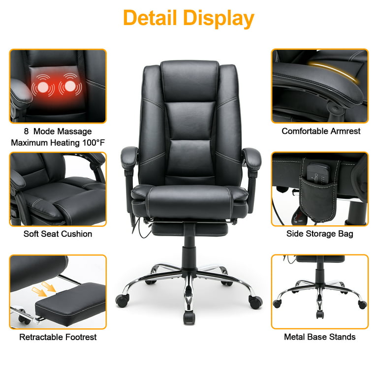 Homrest Ergonomic Executive Office Chair, Massage Office Chair w/ Heated PU  Leather and Lumbar Back Support for Home Office,Black 