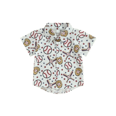 

Qtinghua Toddler Baby Boys Button Down Shirts Baseball Print Turn-Down Collar Short Sleeve Tee Top Summer Casual Clothes
