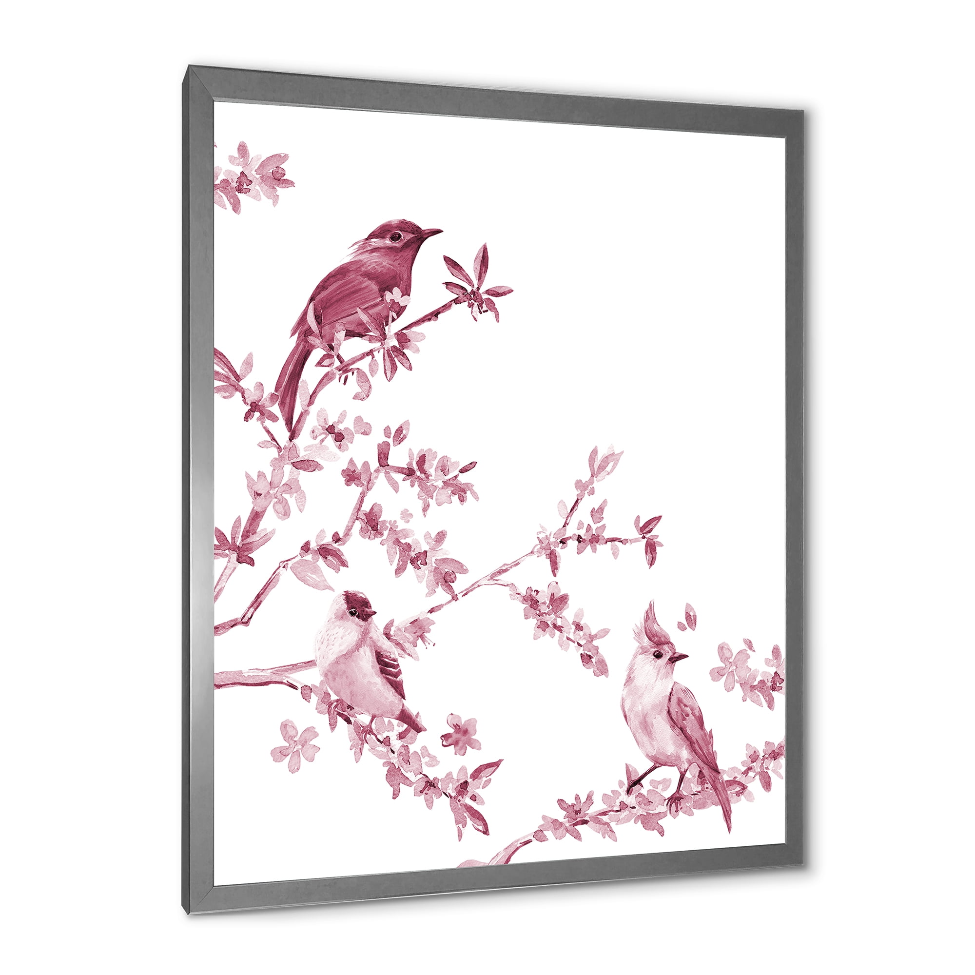 Beautiful Pink Birds Sitting On Flowering Branches 30 in x 40 in Framed Painting Canvas Art Print, by Designart