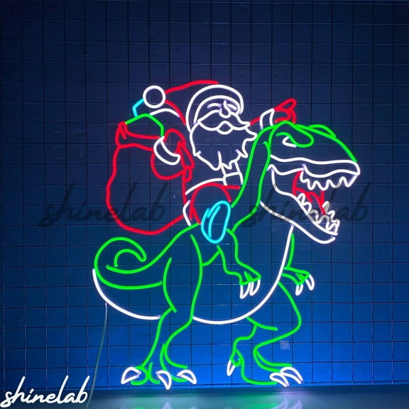 Shinelab Santa with Dinosaur Neon Sign, Dinosaur Christmas LED, Christmas Neon Sign