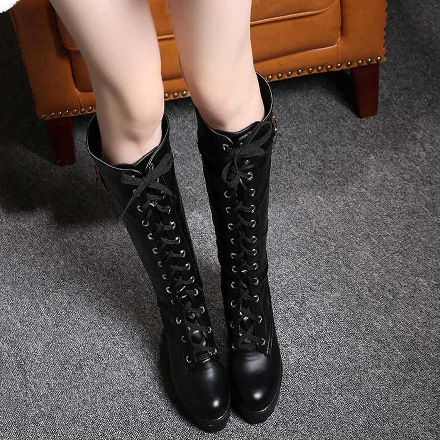 GHSDFBB Platform Knee High Combat Boots For Women Ladies Fashion Punk Goth Leather Lace Up Round Toe Wedge Chunky Block High Heels Knee Length Long Boots Vintage Gothic Motorcycle Riding Tall Bo