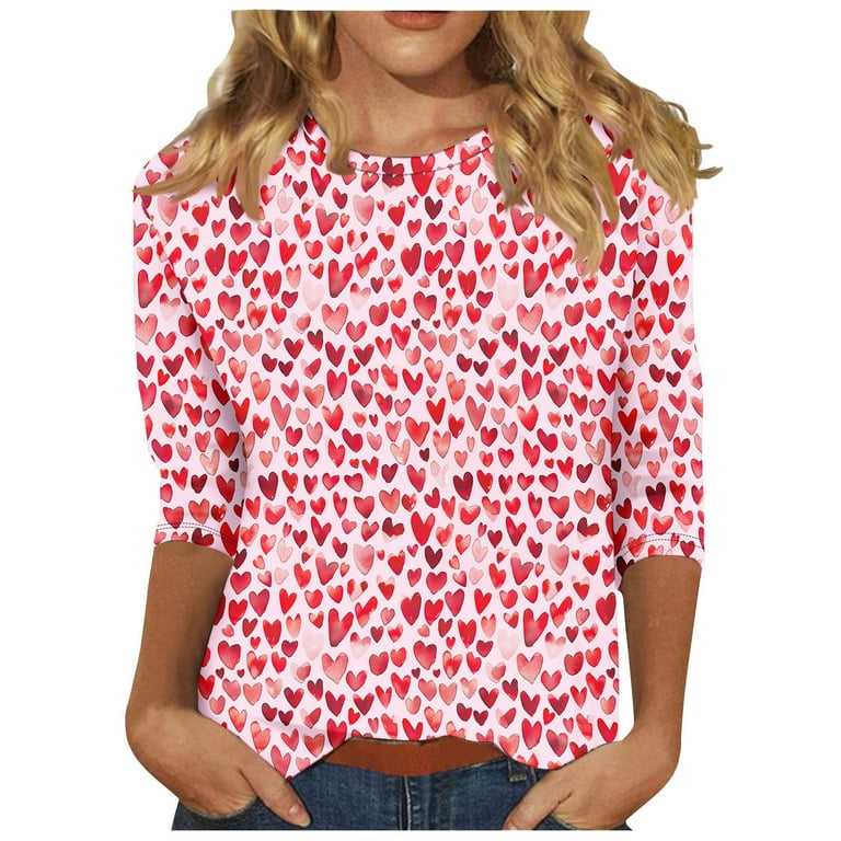 VKOYWKM Valentine's Day Heart T Shirts Cute Heart Print 3/4 Sleeve