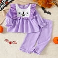 thumbnail image 3 of LIIPEE Girls Boys Outfit Halloween Cartoon Ghost Hat Embroidery Ruffled Long Sleeve Round Neck Shirt Plaid Pants Set Baby Stylish Daily Outfits,Purple,12-18 Months, 3 of 9