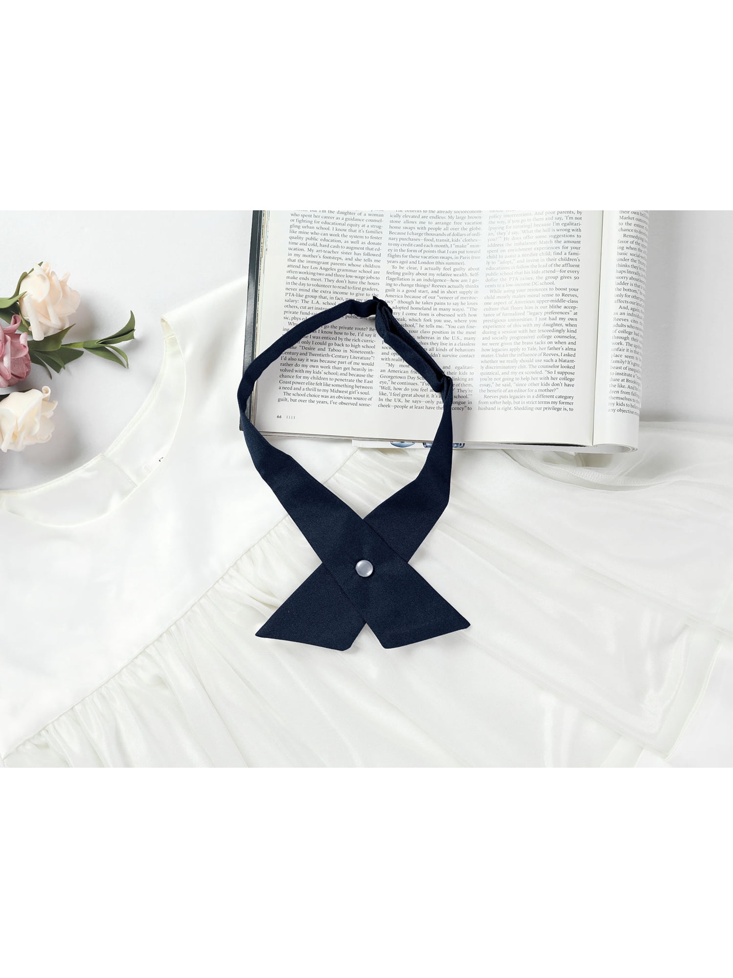 Unique Bargains Criss-Cross Bowtie School Uniform Solid Snap Button Neck Tie for Women Blue