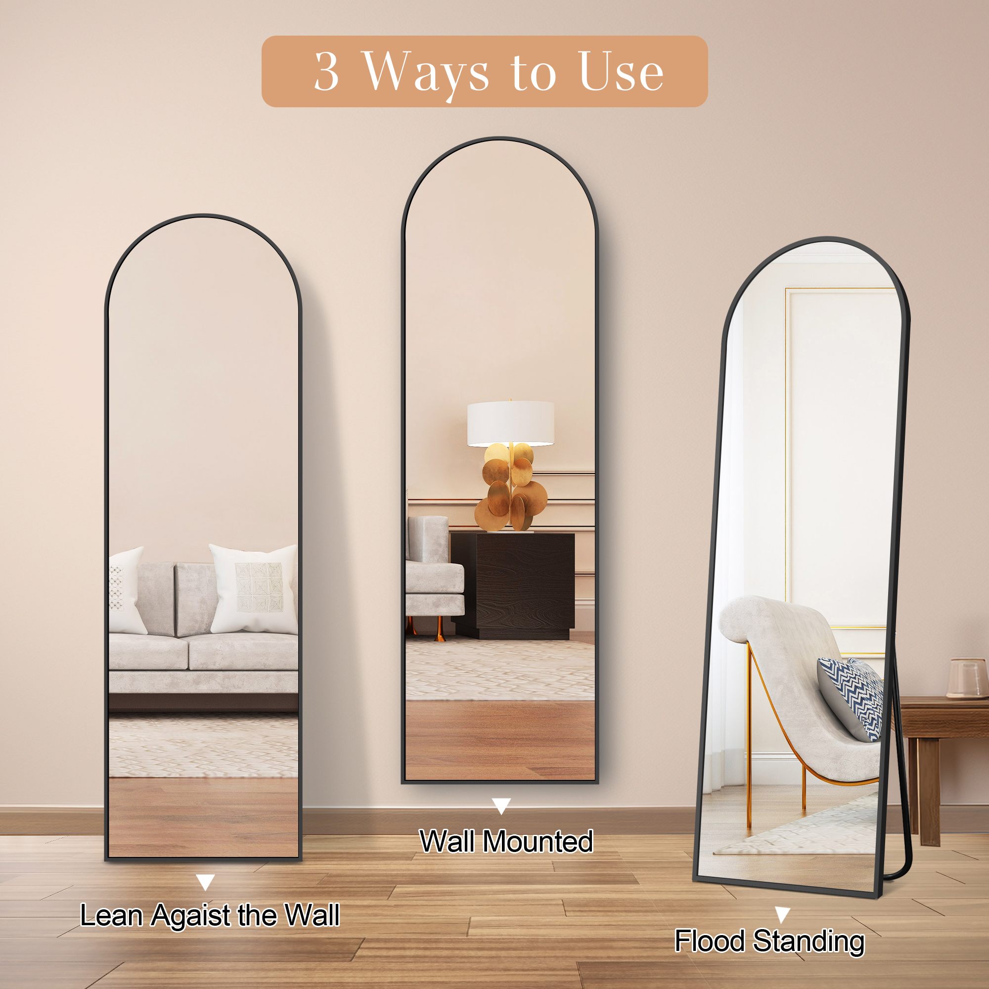 MAYEERTY Freestanding Full Length Mirror with Stand, Aluminum Alloy Arched Floor Mirror Wall Mounted for Bedroom Living Room, 58x18in, Black
