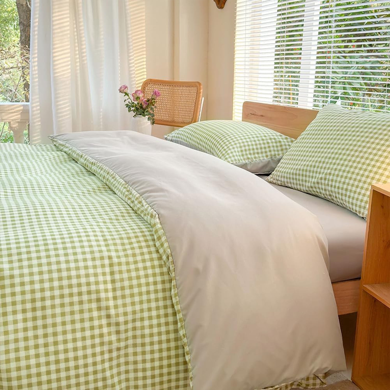 Sage Green Gingham Twin Duvet Cover Set, 2-Piece Checked Bedding Set