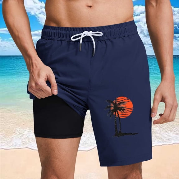 Fnnxeal Mens Swim Trunks with Liner Quick Dry, Dark Navy Blue Beach Board Shorts, Tropical Palm Tree Print Swimwear & Summer Shorts,Size XL